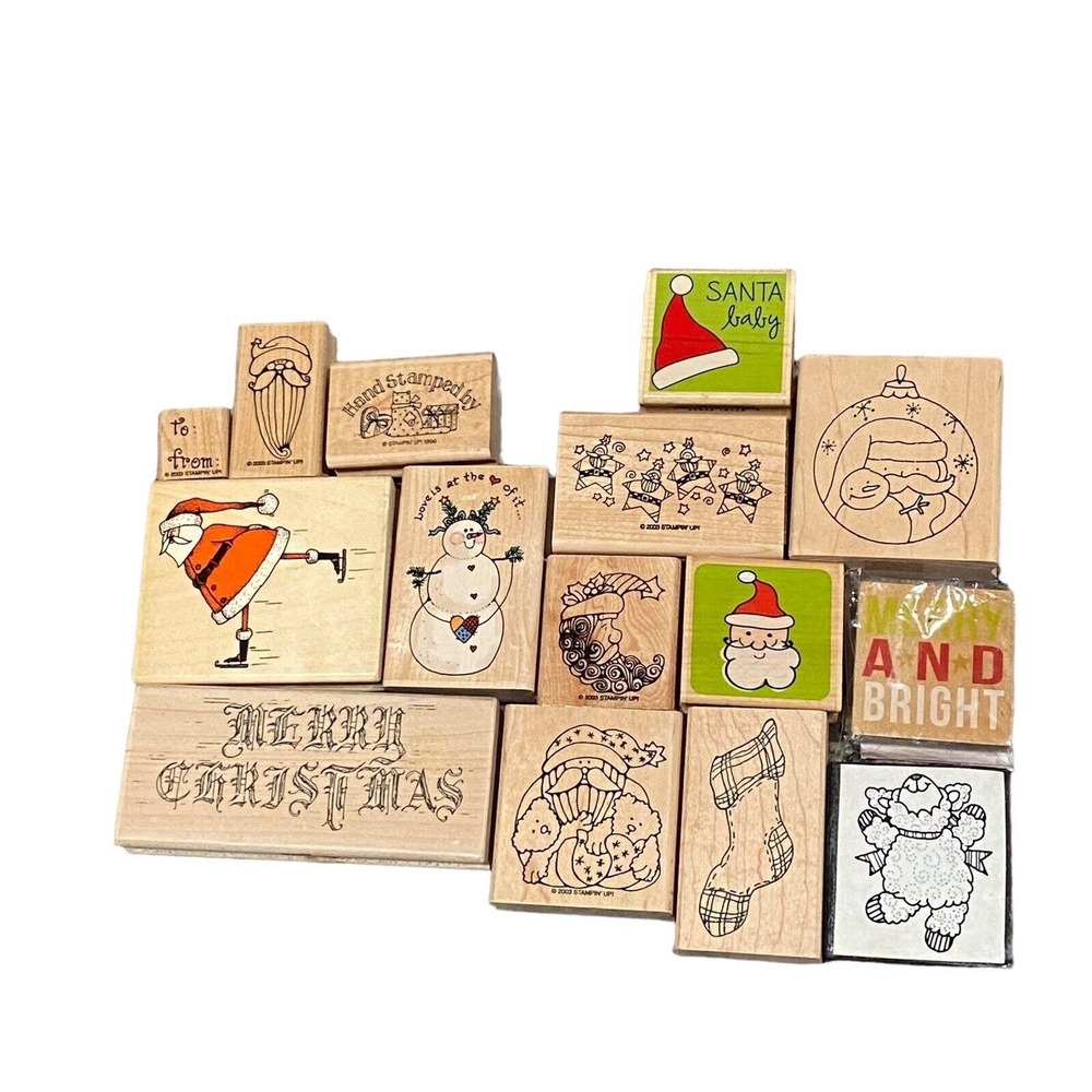 Assorted Wood‎ Rubber Stamps Christmas Lot of 13 Santa Snowman Stocking